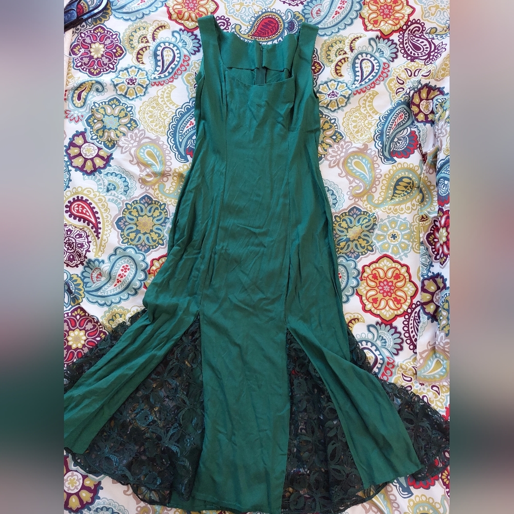 Green Challis dress with lace godet insets